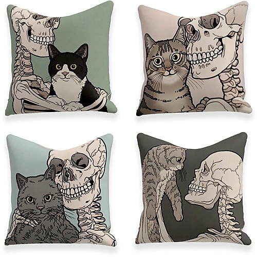 

Cushion Cover 4PCS Faux Linen Soft Decorative Square Throw Pillow Cover Cushion Case Pillowcase for Sofa Bedroom 45 x 45 cm (18 x 18 Inch) Superior Quality Mashine Washable Skeleton Cat