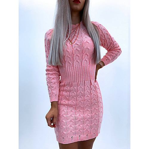 

Women's Sweater Jumper Dress Knee Length Dress Blushing Pink Gray Long Sleeve Solid Color Fall Winter Round Neck Elegant Sexy Slim 2021 S M L XL