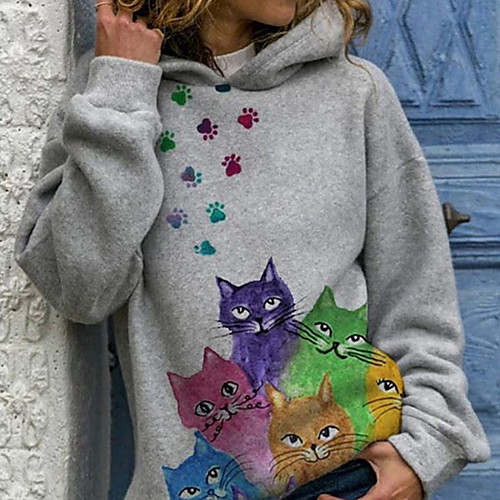 

Women's Hoodie Pullover Cat Graphic Daily Casual Hoodies Sweatshirts Loose Blue Blushing Pink Gray