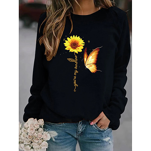 

Women's Going out Blouse Butterfly Sunflower Long Sleeve Round Neck Tops Gray Royal Blue White