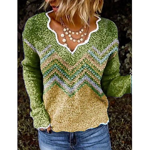 

Women's Basic Knitted Striped Color Block Pullover Long Sleeve Sweater Cardigans V Neck Fall Winter Blue Red Yellow