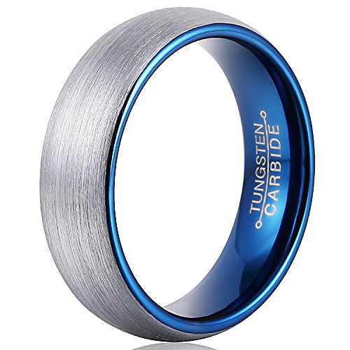 

tungsten ring men wedding 6mm matte brushed surface inner blue plated size 7-13