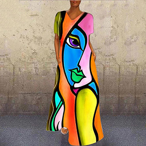 

Women's Swing Dress Maxi long Dress Blue Purple Blushing Pink Orange Short Sleeve Color Block Print Fall Spring V Neck Casual Loose 2021 S M L XL XXL 3XL 4XL 5XL