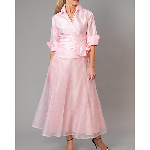 

Two Piece A-Line Mother of the Bride Dress Elegant V Neck Floor Length Organza Taffeta Half Sleeve with Ruching 2021