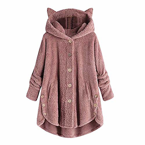 

women's casual solid button long sleeve cat ear warm plush hoodie jacket coat outwear tops fall winter pink