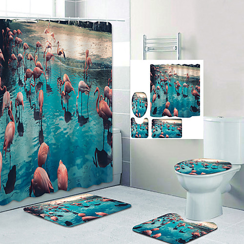 

Flamingo Flock By The River Digital Printing Four-piece Set Shower Curtains and Hooks Modern Polyester Machine Made Waterproof Bathroom