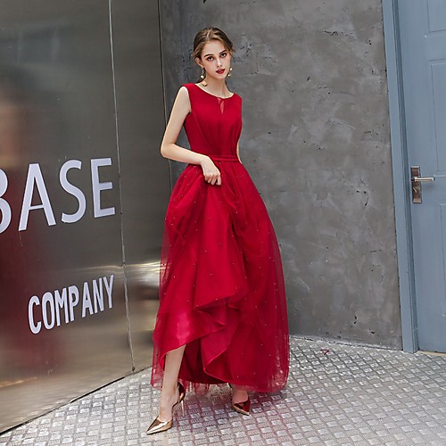 

A-Line Minimalist Elegant Wedding Guest Engagement Dress Jewel Neck Sleeveless Floor Length Tulle with Beading 2021