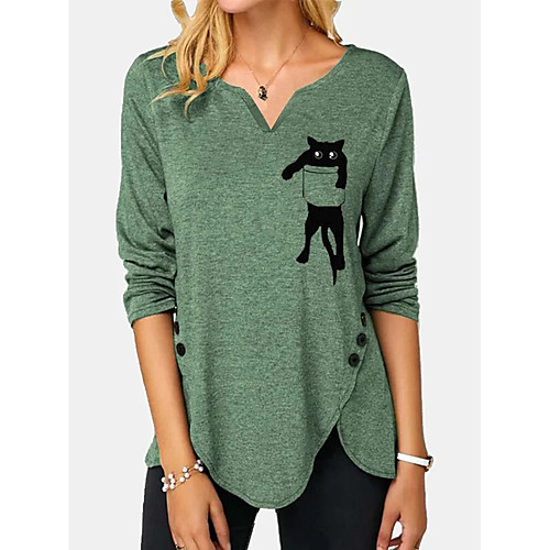 

Women's Blouse Shirt Cat Long Sleeve Patchwork Button Print V Neck Tops Green