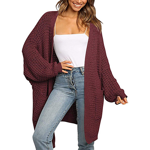 

Women's Knitted Solid Color Cardigan Long Sleeve Sweater Cardigans V Neck Fall Winter Black Yellow Blushing Pink