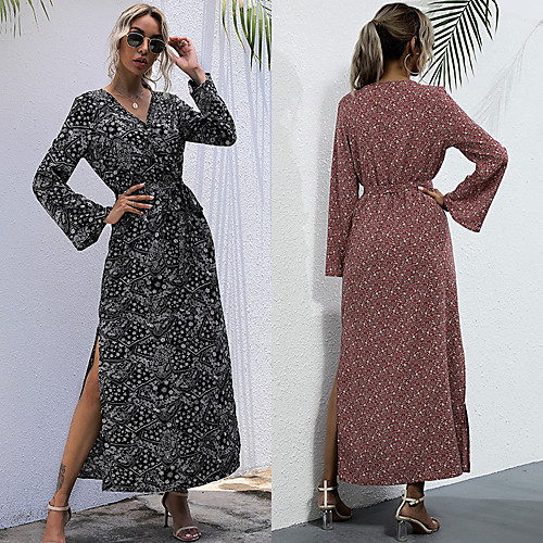 

Women's A Line Dress Midi Dress Wine Black Long Sleeve Floral Print Fall Winter V Neck Casual 2021 S M L XL / Cotton / Cotton