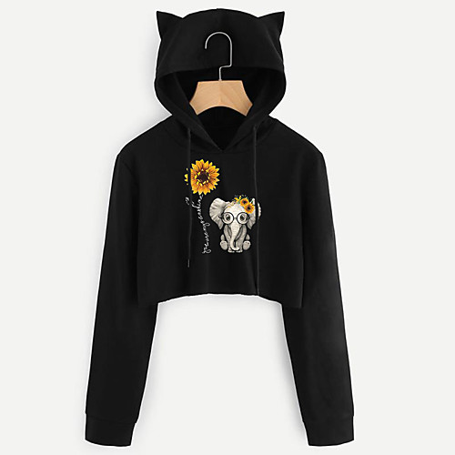 

Women's Hoodie Cropped Sweatshirt Floral Graphic Crop Top Cat Ear Daily Basic Casual Hoodies Sweatshirts Army Green Black Red