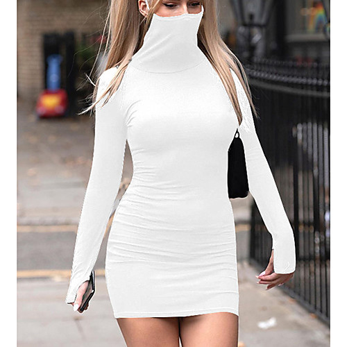 

Women's Sheath Dress Short Mini Dress Blue Khaki Black Red Beige Long Sleeve Solid Color Patchwork Fall Winter Turtleneck Elegant Slim 2021 S M L / Cotton / Cotton
