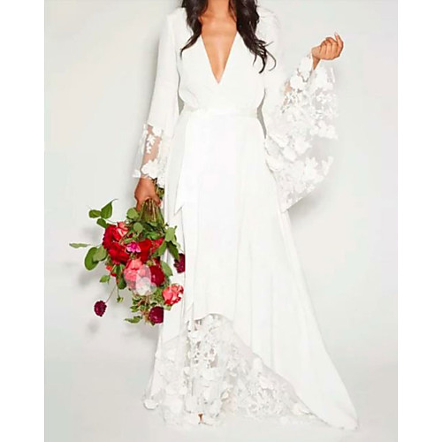 

A-Line Wedding Dresses V Neck Floor Length Chiffon Lace Long Sleeve Casual Illusion Detail with Lace Insert 2021
