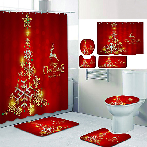 

Christmas Gold And Silver Christmas Tree Digital Printing Four-piece Set Shower Curtains and Hooks Modern Polyester Machine Made Waterproof Bathroom