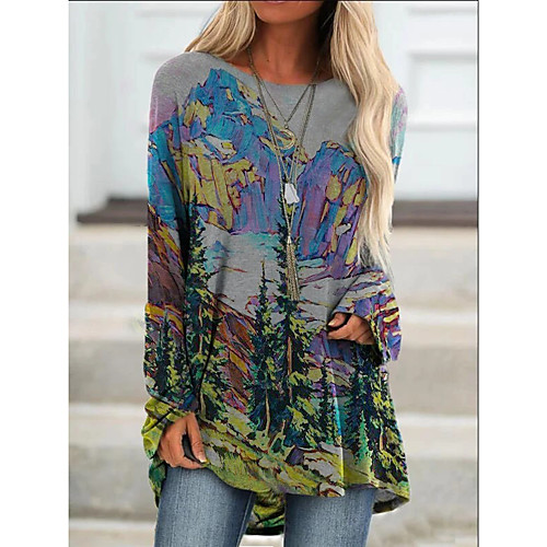 

Women's Blouse Shirt Scenery Long Sleeve Print Round Neck Basic Tops Black Red Yellow