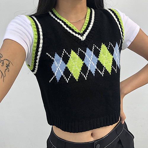 

Women's Geometric Pullover Sleeveless Sweater Cardigans V Neck Fall Winter Green Brown