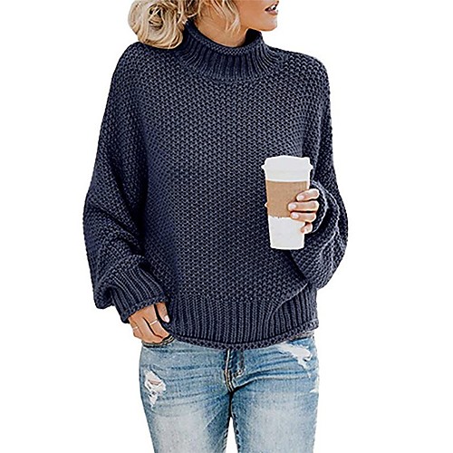 

Women's Basic Knitted Solid Color Pullover Cotton Long Sleeve Sweater Cardigans Turtleneck Fall Winter Black Blue Orange