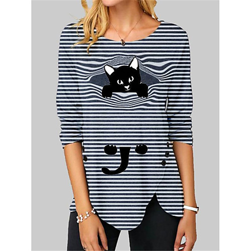 

Women's T shirt Striped Cat Graphic Prints Long Sleeve Button Print Round Neck Tops Basic Basic Top Black