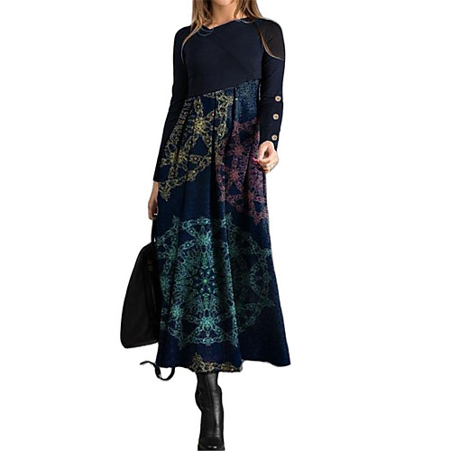 

Women's Swing Dress Maxi long Dress Dusty Blue Black Long Sleeve Print Patchwork Button Print Fall Spring Round Neck Elegant Casual Slim 2021 S M L XL XXL 3XL