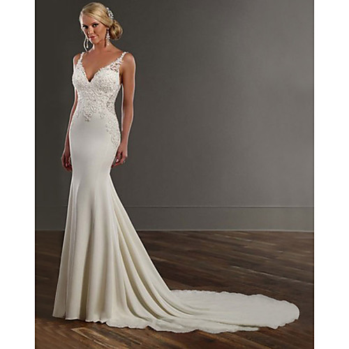 

Mermaid / Trumpet Wedding Dresses V Neck Chapel Train Lace Stretch Satin Spaghetti Strap See-Through Beautiful Back with Appliques 2021