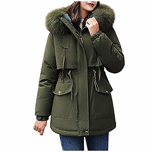 

women's winter warm coat thickened hooded down cotton jacket faux fur plush hood skin-friendly lined parka army green