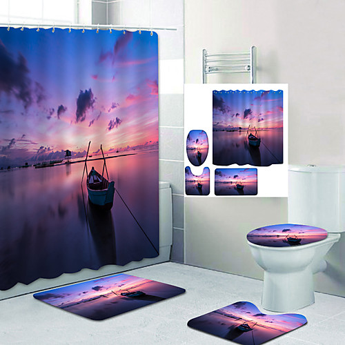 

Sunset Red Sea Boat Digital Printing Shower Curtain Shower Curtains Hooks Modern Polyester New Design