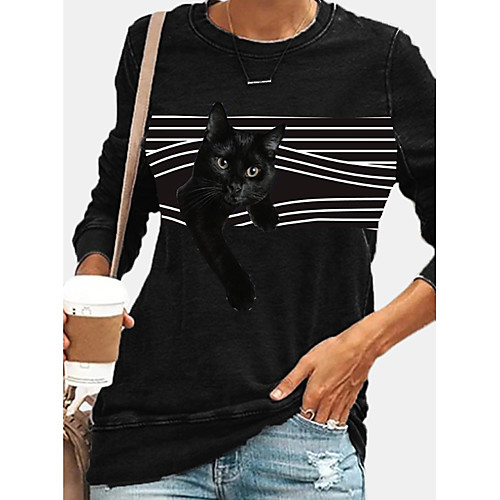 

Women's Hoodie Sweatshirt Striped Cat Graphic Daily Casual Hoodies Sweatshirts Black
