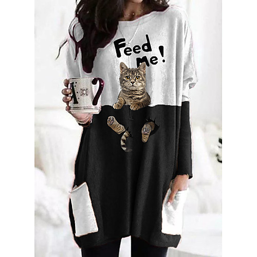 

Women's 3D Cat T shirt Dress Tunic Cat Plaid Graphic Prints Long Sleeve Pocket Patchwork Print Round Neck Basic Tops White Black