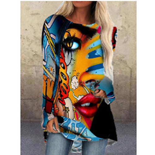 

Women's T shirt Dress Tunic Color Block Abstract Long Sleeve Asymmetric Print Round Neck Tops Blue Purple Green