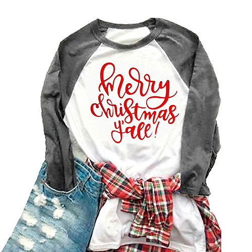 

Women's Christmas Blouse Graphic Prints Patchwork Print Round Neck Basic Christmas Tops Cotton White
