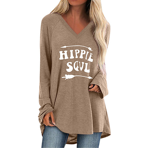 

Women's Blouse Shirt Letter Long Sleeve Patchwork Print V Neck Basic Tops Cotton Black Wine Army Green