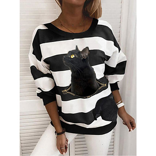 

Women's Pullover Sweatshirt Lines / Waves Cat Print Daily Weekend 3D Print Active Basic Hoodies Sweatshirts Black