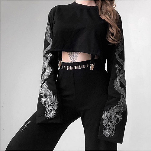 

Women's Blouse Shirt Graphic Prints Long Sleeve Print Round Neck Tops Black