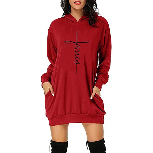 

Women's T Shirt Dress Tee Dress Short Mini Dress White Black Red Long Sleeve Print Print Fall Winter V Neck Casual Loose 2021 S M L XL XXL 3XL