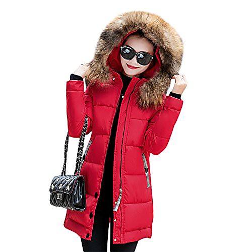 

women's winter warm down coat faux fur hooded parka puffer jacket long overcoat medium red