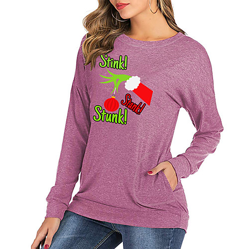 

Women's T shirt Cartoon Graphic Letter Long Sleeve Print Round Neck Tops Cotton Basic Christmas Basic Top Black Blushing Pink Green