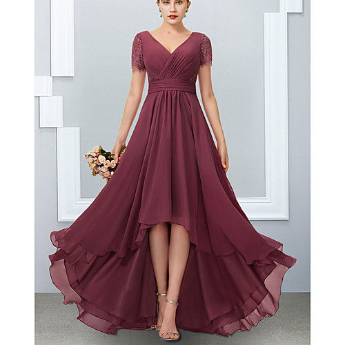 

A-Line V Neck Asymmetrical Chiffon Bridesmaid Dress with Pleats