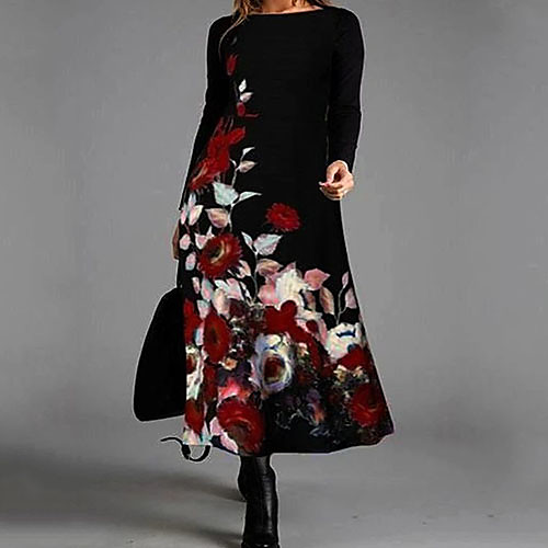 

Women's Swing Dress Knee Length Dress Green Red Long Sleeve Floral Print Fall Winter Round Neck Elegant Vintage Loose 2021 L XL XXL 3XL 4XL 5XL