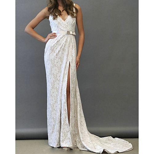 

Sheath / Column Wedding Dresses V Neck Court Train Lace Tulle Sleeveless Romantic with Split Front 2021