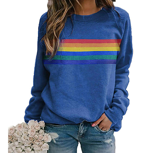 

Women's T shirt Rainbow Graphic Long Sleeve Round Neck Basic Casual Tops Blue Khaki Green