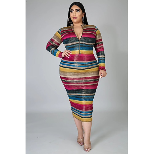

Women's Sheath Dress Midi Dress Rainbow Long Sleeve Striped Zipper Fall V Neck Elegant Skinny 2021 XXL 3XL 4XL 5XL 6XL / Plus Size