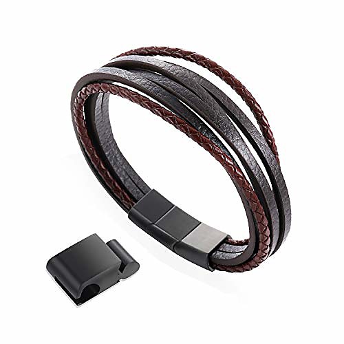 

8.5 classic brown leather bracelet for men brushed stainless steel magnetic clasp multilayer brown braided - incl. extension and metal box- once as a gift!