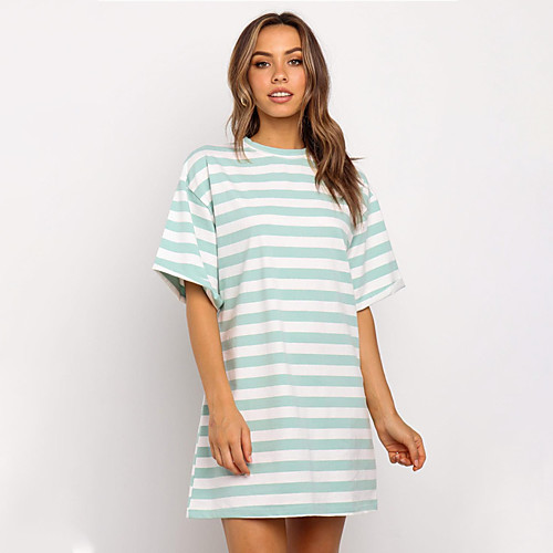 

Women's A Line Dress Short Mini Dress Green Half Sleeve Striped Print Fall Spring Round Neck Work Casual Loose 2021 XS S M L