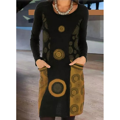 

Women's Shift Dress Knee Length Dress Yellow Red Light Blue Long Sleeve Print Patchwork Print Fall Round Neck Casual Slim 2021 S M L XL XXL 3XL