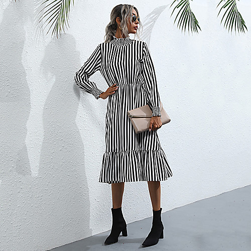 

Women's A Line Dress Midi Dress Wine Black Long Sleeve Striped Fall Winter Turtleneck Casual 2021 S M L XL / Cotton / Cotton