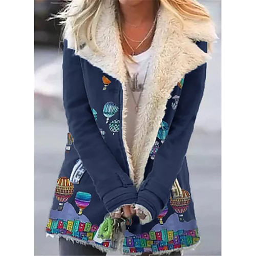 

Women's Teddy Coat Holiday Fall & Winter Long Coat Regular Fit Active Jacket Long Sleeve Print Blue Black