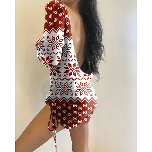 

Women's Shift Dress Short Mini Dress Blue Red Long Sleeve Print Backless Patchwork Fall Casual Christmas Loose 2021 S M L XL