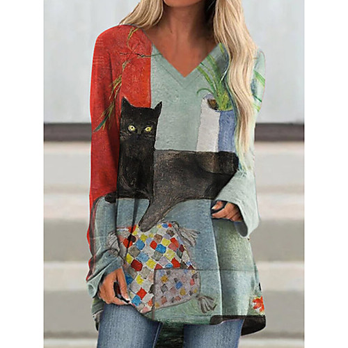 

Women's Shift Dress Short Mini Dress Long Sleeve Cat Color Block Animal Patchwork Print Fall Casual 2021 Blue M L XL XXL 3XL