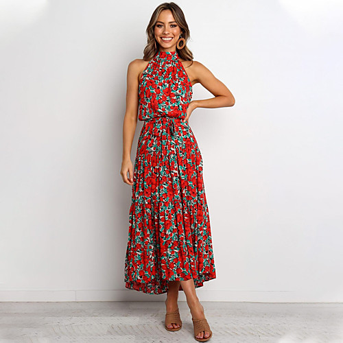 

Women's Swing Dress Midi Dress Red Sleeveless Floral Print Tie Dye Ruched Print Fall Summer Halter Neck Casual Vintage Going out Loose 2021 S M L XL / Chiffon