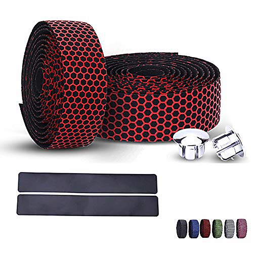 

bike handlebar tape, superior breathable hexagon non-slip silicone bar tape adhesive back for dorp bars, with bar plugs, 2pcs per set (red)